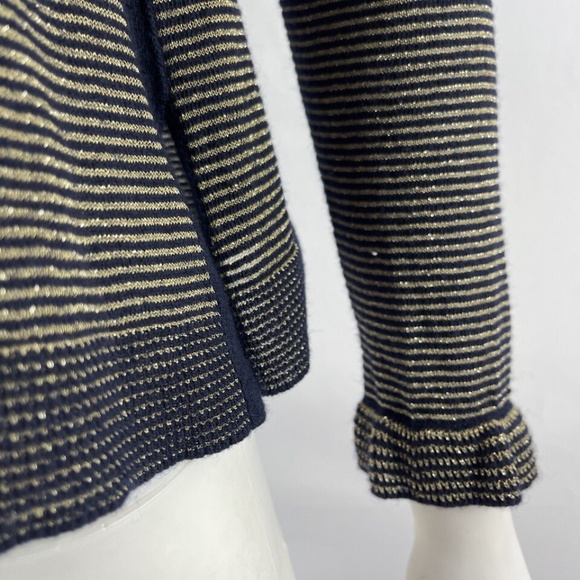 Marella Blue Ruffle Knit Sweater Size XS Gold Stripes Preppy Holiday Jumper - Picture 4 of 8